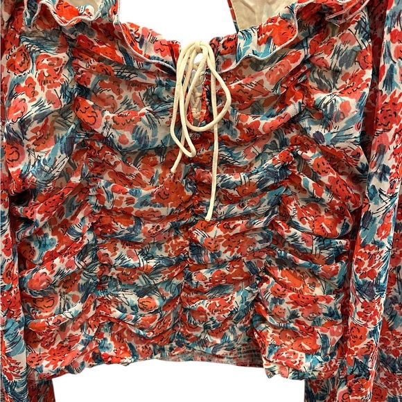 Free People Mabel Printed Rose Combo Open Back Lace Up Blouse Sz L - Picture 4 of 10